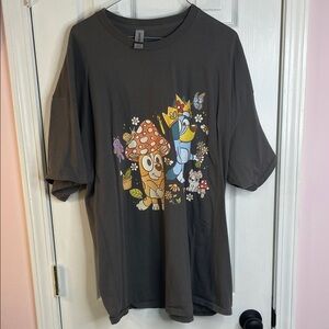 Graphic Mushroom & Cartoon Animal Tee - Dark Gray